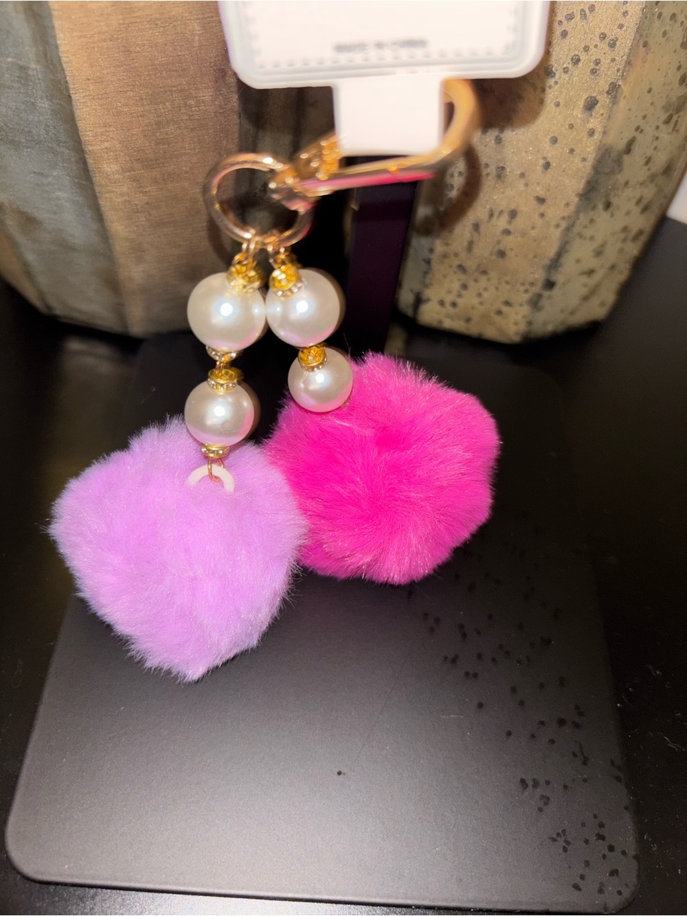 Charm/Keychain- Beaded/ White Pearl Pink Pom Pom